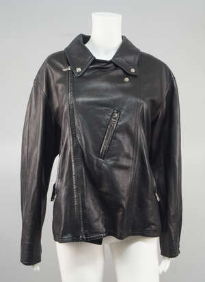 
	
		A Gianfranco Ferre black leather biker jacket, size not labelled, approx size 14 

	

