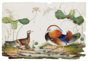 
	
		Five Chinese gouache paintings on rice paper, late 19th century, three depicting birds,...