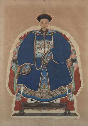
	
		A Chinese ancestor portrait, 19th century, depicting a civil official of the 6th rank,...