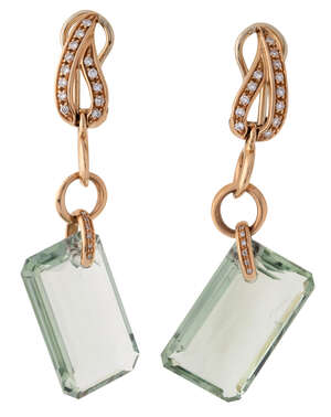 
	
		A pair of aquamarine and diamond earrings, by Cavello, each supporting a rectangular...