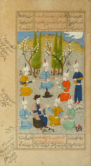 
	
		Three Persian miniatures on paper, early 20th century, each depicting a prince with...