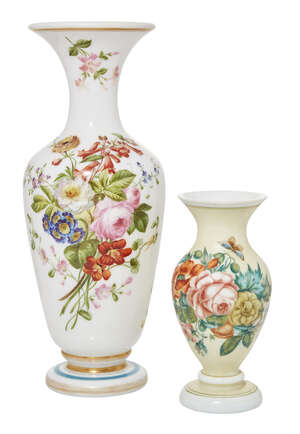 
	
		A Victorian white opaline glass vase, 19th century, decorated with roses, flowers and...