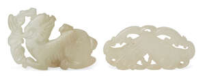 
	
		Two Chinese pale green jade plaques, early 20th century, one carved as a chime, 6cm wide,...