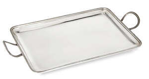 A small silver tray, by Asprey, London, c.1919, of plain rectangular form with reeded border and twin handles, 15.4 x 22.2cm (27.7cm inc. handles), approx. wei