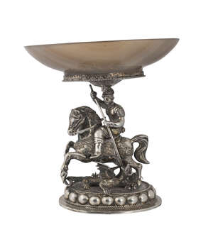 
	
		A Hanau silver Saint George and dragon tazza, late 19th century, the oval agate tazza...