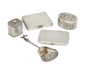 
	
		A French silver powder compact with striated pattern and push-button opening, together...