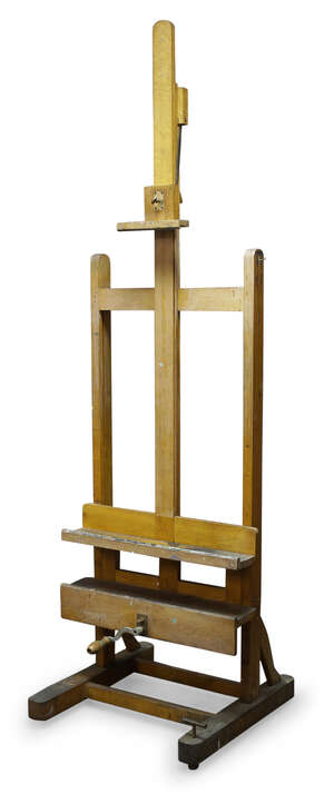
	
		An oak artist's studio easel, mid 20th Century, of typical form, with adjustable rest and...