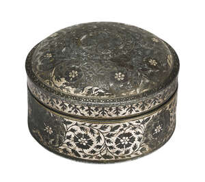
	
		A Mughal silver inlaid bidriware circular lidded box, India, 18th century, decorated to...