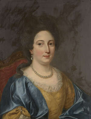 Follower of François-Hubert Drouais, 
		 
		French 1727-1775- 
		 
		Portrait of a lady, seated, turned to the right in a yellow dress and blue cape; 
