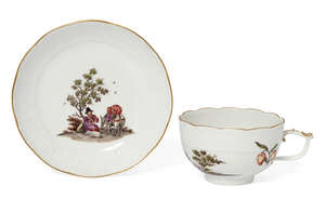 
	
		A Meissen porcelain cup and saucer, 19th century, moulded with a basket weave texture to...
