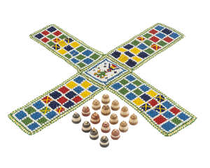 
	
		A small bead chaupad board with 16 bone gaming pieces, India, 20th century, 2.3 cm high, ...
