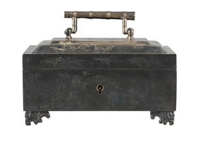 
	
		A Chinese white metal rectangular casket, Republic period, with two simulated bamboo...