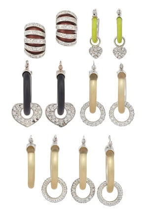 A group of earrings, including five pairs of hoop earrings, each with clear, green, or black...