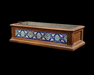 Jardiniere with four polychrome pottery tiles,&nbsp;The tiles, Ulisse Cantagalli, Italy or Scotland,...
