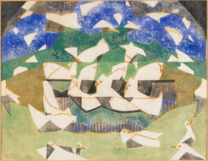 
	
		Claude Flight, 
		British 1881-1955- 
		 
		Pigeon Bath c.1934; 
		 
		linocut in...