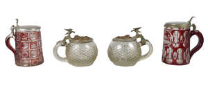 
	
		A pair of German/Bohemian clear glass globular steins, late 19th century,  the pewter...