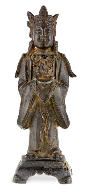
	
		A Chinese bronze figure of Guanyin, Ming dynasty, 16th century, cast standing holding a...