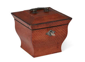 
	
		A George IV satinwood sarcophagus shape square tea caddy, with ogee sides, 12cm wide

	

