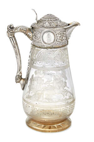 A Victorian silver-mounted etched glass ewer, Sheffield, c.1864, WG Sissons, the body engraved with Roman chariot scenes and decorative bands of leaves and geo