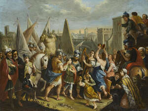 Attributed to Isaak Fisches the Elder, 
		German 1638-1706- 
		The triumphant return of David with Goliaths armour; 
		oil on canvas, 72 x 95 cm. 
		Proven