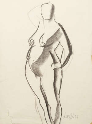 Leon Underwood,
		British 1890-1975- 
		 
		Nude female figure study facing left; 
		 
		conte on paper, signed and dated 37, 53x39.5cm (sheet) (ARR) 
