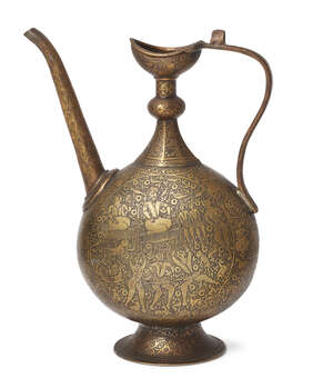 
	
		A Mughal brass ewer with later Persian engraved decoration,  India, 18th century, on a...