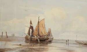
	
		Bryan Whitmore, 
		British 1836-1903- 
		 
		Beached fishing boats at low tide;...