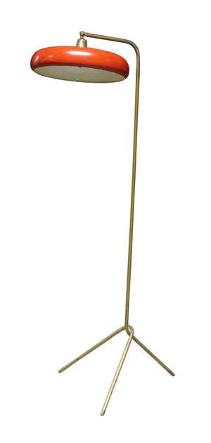 
	
		French, a brass standard lamp, 
		c.1950,
		The adjustable, circular, red lacquered...