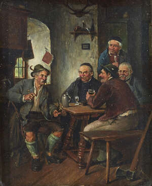 
	
		J Micotta,
		Italian, late 19th/early 20th century- 
		Tavern scene with figures by a...