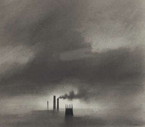 
	
		Trevor Grimshaw,
		British 1947-2001-
		 
		Church and Chimneys;
		 
		graphite on...