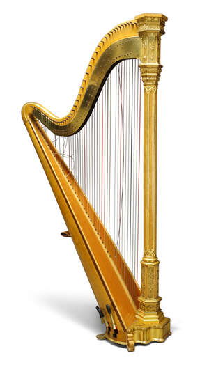 A Victorian parcel-gilt Gothic style harp, by Sebastian and Pierre Erard, with engraved brass...