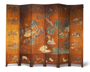 
	
		A Chinese coromandel lacquer six-panel floor screen, late Qing dynasty, carved to one...