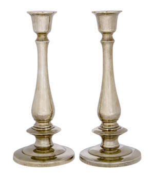
	
		A pair of Thai silver candlesticks, of tapering, baluster form with urn-shaped capitals...