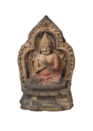 
	
		A Tibetan painted terracotta votive figure, 18th/19th century, depicting Tsongkhapa, 15cm...