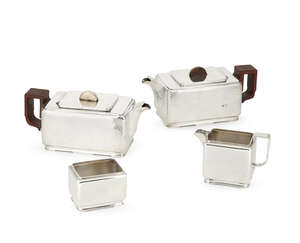 
	
		Harold Stabler (1872-1945), an Art Deco silver-plated four-piece tea set with ivory and...