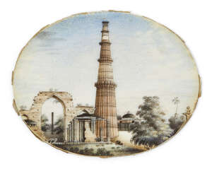
	
		A miniature painting on ivory of the Qutub Minar, Delhi, India, circa 1830, of oval...