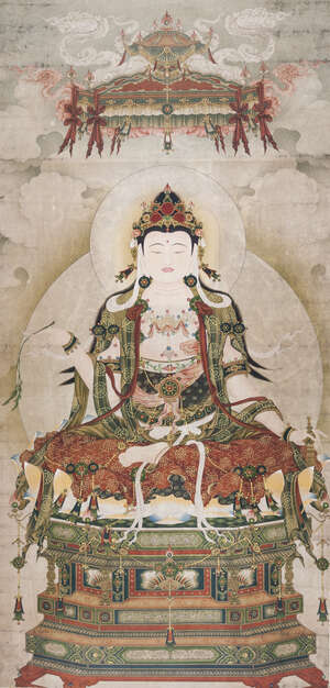 
	
		20TH CENTURY CHINESE SCHOOL, ink and colour on paper, hanging scroll, Tara seated, 108cm...