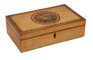 
	
		A pale satinwood painted and inlaid rectangular box, 19th century, with divided writing...