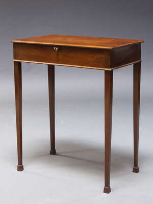 
	
		An Edwardian mahogany work table, the hinged  rectangular lid, enclosing storage space,...