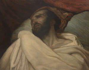 
	
		French School, 
		mid-19th century- 
		 
		Recumbent draped male figure; 
		 
		oil...