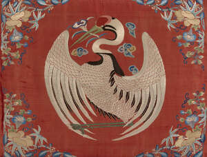 
	
		A pair of Chinese silk embroidered panels, 19th century, decorated with red-crested crane...