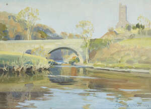 
	
		James P Barraclough, 
		British 1891-1942- 
		 
		River landscape with a stone bridge;...