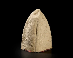 A silk satin stitch and running stitch embroidered and quilted cotton conical hat, Qajar Iran,...
