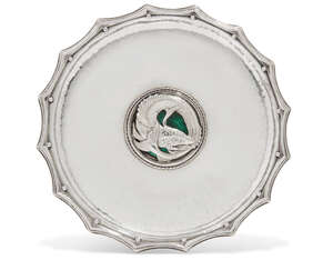 
	
		A George V Arts & Crafts style silver and enamel 'Queen's Fish Tray' dish, mark of Omar...