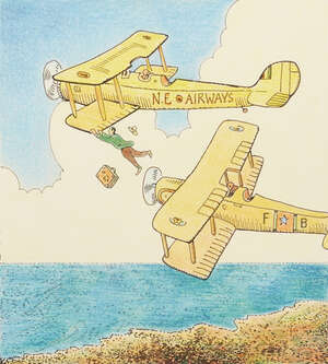 
	
		Glen Baxter, 
		British b.1944- 
		 
		There being no direct flight I was obliged to...
