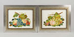 A pair of painted plaques of fruit and leaves, signed to the bottom right W Rayworth, in silvered frames, the plaques 18.5 x 24cm, together with a larger unfra