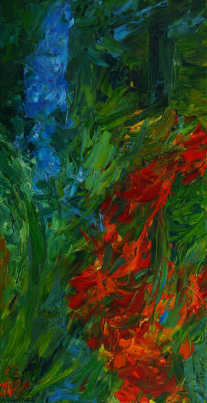 
	
		Ray Atkins,
		British b.1937-
		 
		Delphinium & Crocosima, 1999; 
		 
		oil on canvas,...