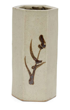 
	
		Shoji Hamada, Japanese 1894-1978, a stoneware hexagonal vase painted in tenmoku with...