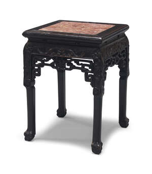 
	
		A Chinese hardwood square jardinière stand, late 19th century, the top inset with rouge...