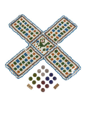 
	
		A small bead chaupad board with 16 Belgian gilded glass gaming pieces and two ivory dice,...